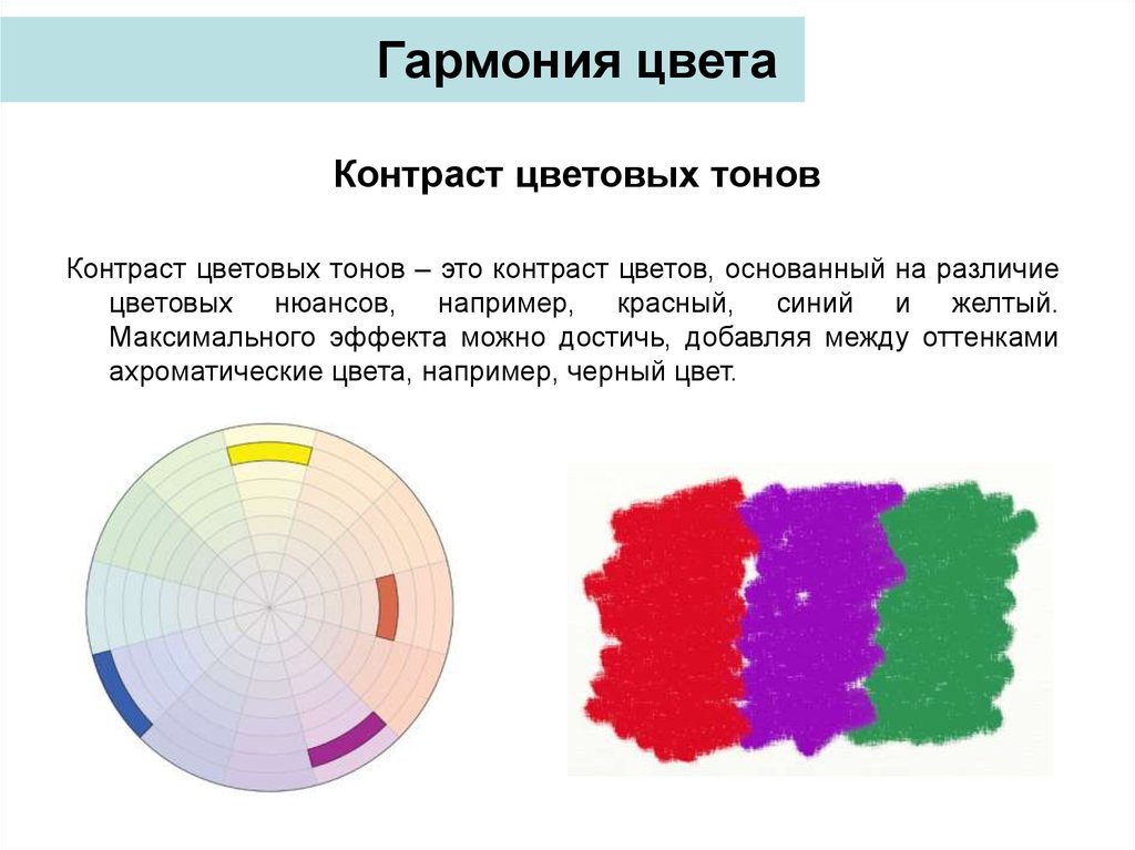 Различие цвета. Контрастные по тону цвета. Гармония цвета. Контрастная цветовая Гармония. Гармония по общему цветовому тону и насыщенности.