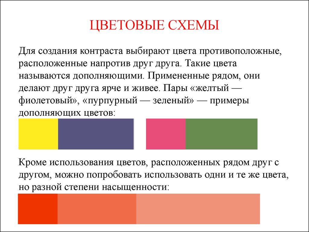 Создать цвет. Цветовые схемы для презентаций. Укажите цветовые схемы. Какие цвета называются контрастными. Применения цветовой схемы.