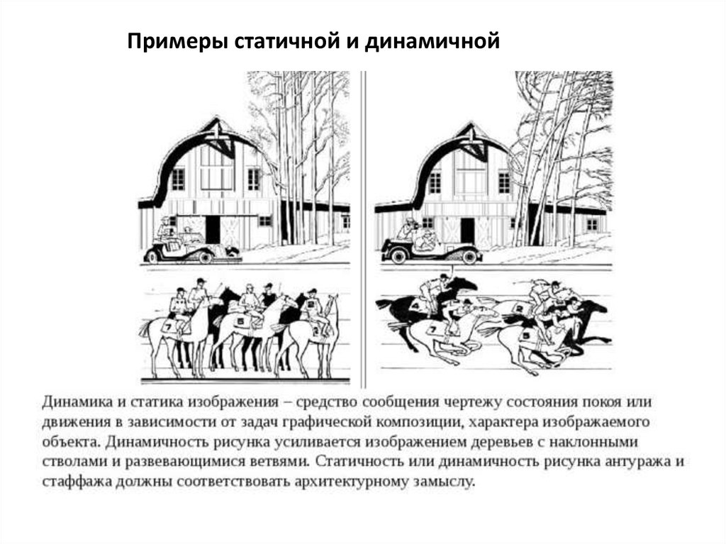 Описание рисунка примеры. Композиционная схема статика динамика. Статика и динамика в станковой композиции. Динамичная композиция примеры. Статика и динамика в пейзаже.