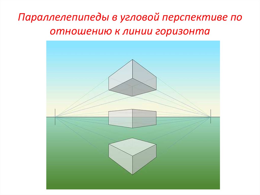 Линия горизонта формула. Угловая перспектива Куба выше линии горизонта. Параллелепипед в угловой перспективе. Куб в угловой перспективе. Линейная перспектива параллелепипеда.