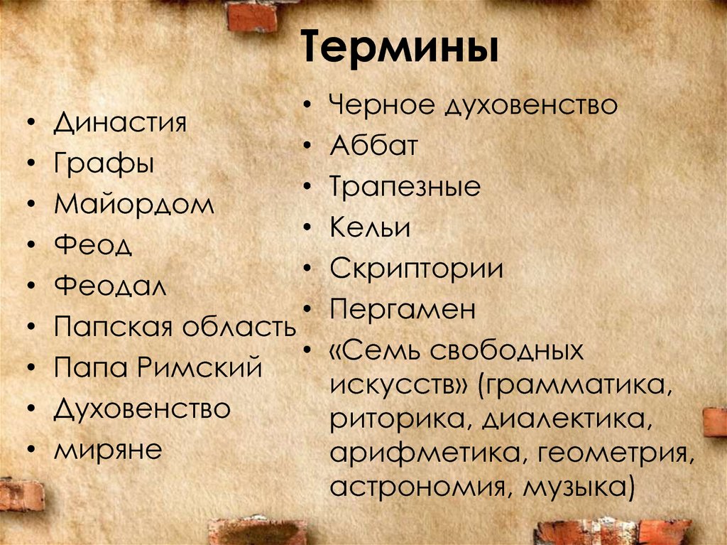 Термины по истории 6 класс. Духовенство термин. Римские термины. Династия майордомов. Термины майордом Феод духовенство.