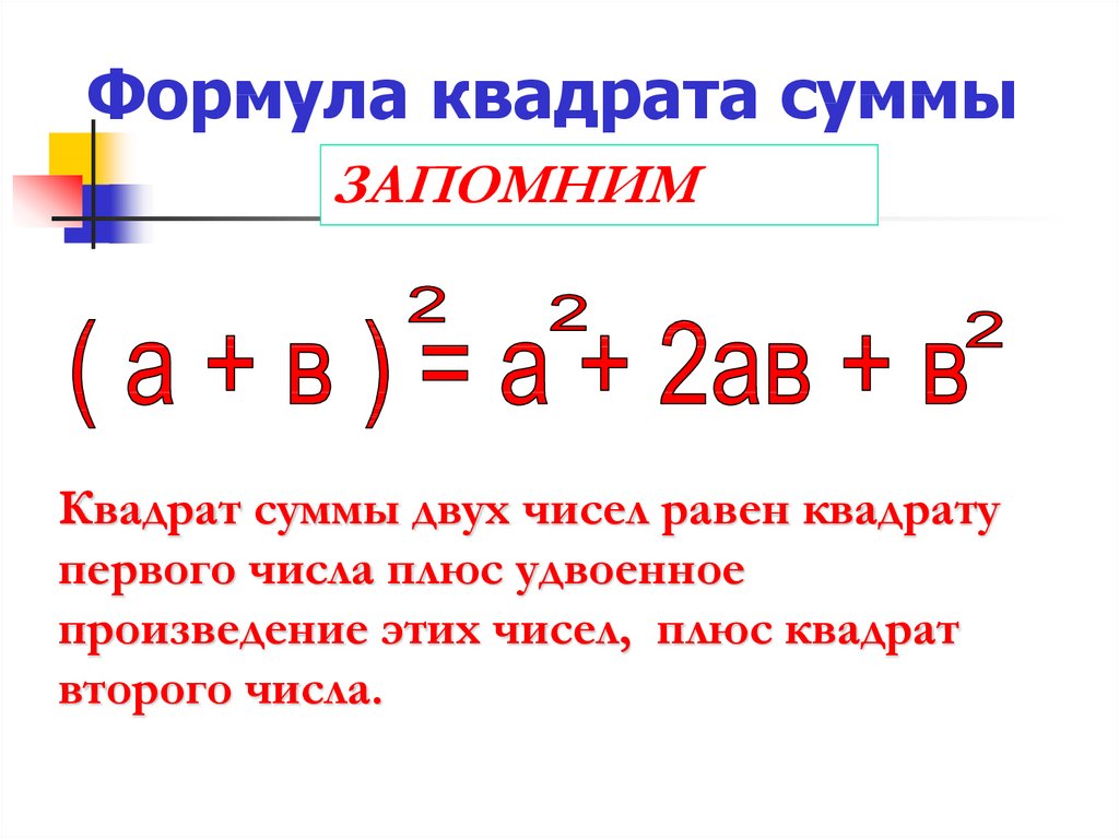 5 формул квадрата. Квадрат суммы. Сумма квадратов формула. Квадрат суммы и сумма квадратов. Квадрат числа формула.