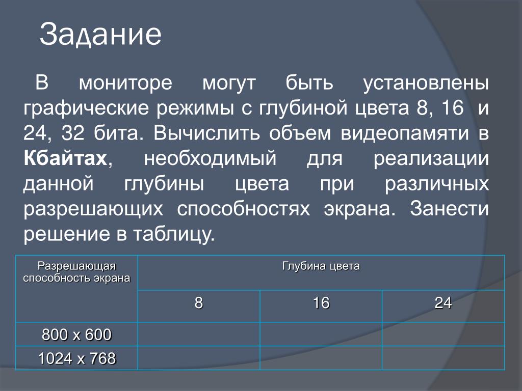 Видеопамять графического режима. Вычислите необходимый объем видеопамяти для графического режима. Глубина цвета экрана. Глубина цвета монитора. Объем видеопамяти для различных графических режимов экрана монитора.