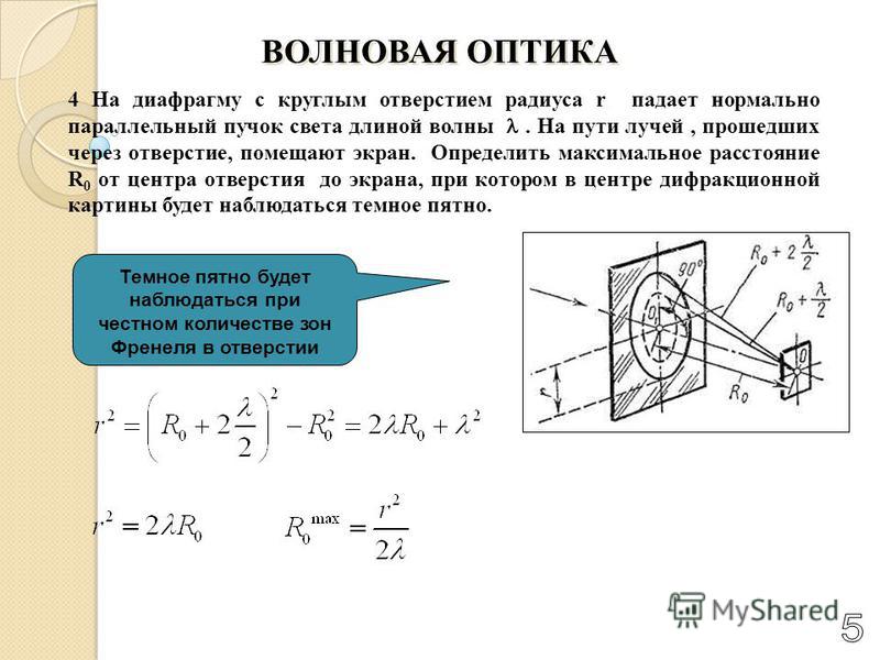 На диаграмму с круглым отверстием радиусом 1 мм падает нормально параллельный пучок света с длиной