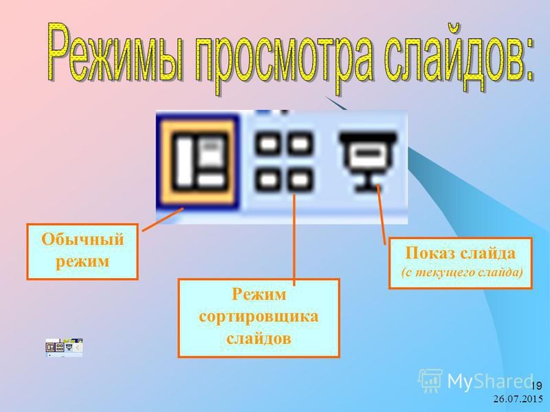 Какой режим используется. Обычный режим сортировщик слайдов показ слайдов. Обычный режим презентации. Показ слайдов с текущего слайда. Обычный режим.