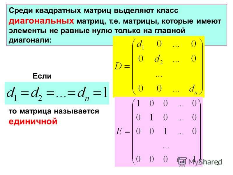 Порядок квадратной матрицы. 3 Диагональная матрица Обратная матрица. Матрицы виды матрицы матриц действия над матрицами. Единичная квадратная матрица. Главная диагональ квадратной матрицы.