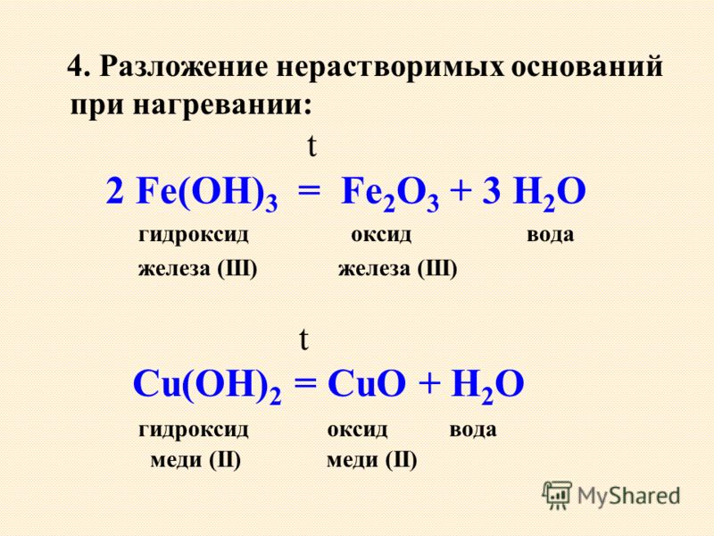 Нерастворимые основания основной оксид вода. Гидроксид железа 3 при нагревании. Реакция разложения железа. Реакции разложения гидроксидов.
