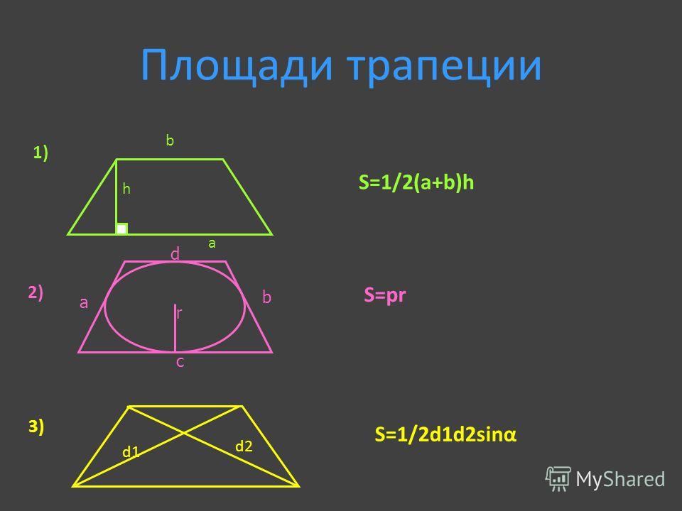 Площадь четырехугольника формула s d1d2sina 2. S трапеции. S трапеции площадь. Площадь трапеции d1 d2. Площадь трапеции теория.