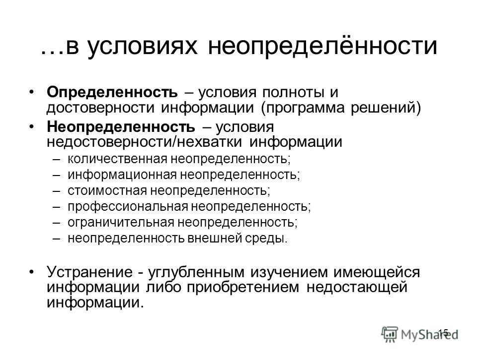 Меры для снижения неопределенности ведения бизнеса. Управленческие решения в условиях неопределенности. Основные причины неопределенности. Условия неопределенности. Алгоритм принятия решения в условиях неопределенности.