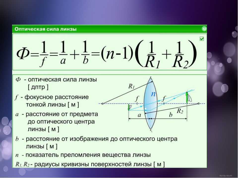 Определите оптическую силу. Формула тонкой линзы оптическая сила линзы. Формула тонкой линзы через радиусы линзы. Оптическая система линз формула. Радиус кривизны линзы физика формула.