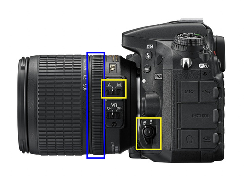 На камерах продвинутого уровня переключатели включения/отключения автофокуса есть как на объективе, так и на камере. При использовании объективов AF-S, лучше пользоваться рычажком на объективе (выделен синим), а при использовании “отверточных” объективов AF, необходимо переключать прежде всего рычажок на фотокамере (выделен желтым).