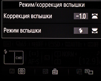 Nikon D750: задним колёсиком настраиваем режим работы вспышки, а передним корректируем её импульс.