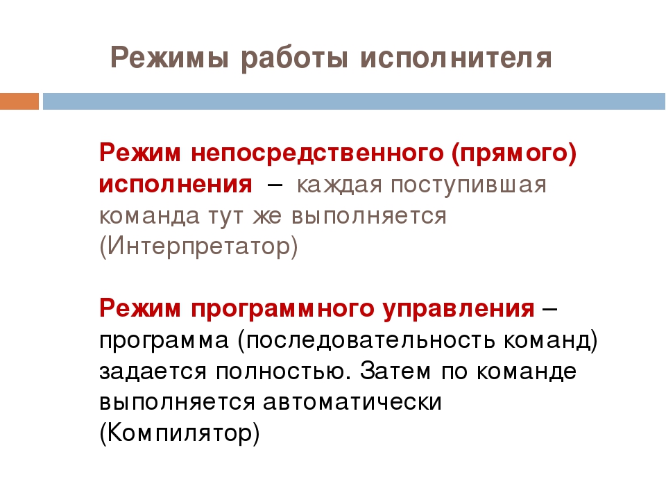 Исполнитель работает. Режим работы исполнителя. Режимы работы исполнителя в информатике. Непосредственный режим работы исполнителя это. Режим работы это в информатике.