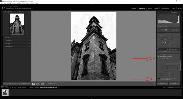 a screenshot showing how to find the lens distortion panel in Lightroom