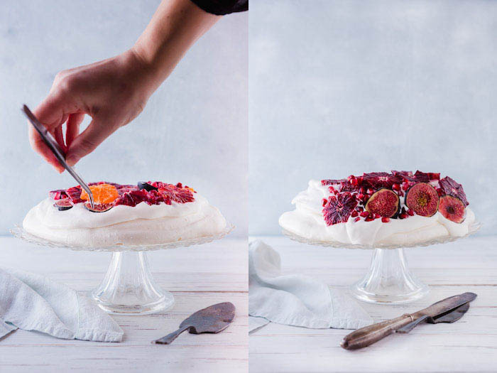 A diptych of styling a cake for food photography