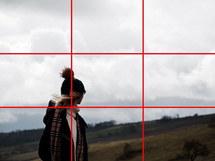 An image of a woman through the countryside using the rule of thirds composition grid