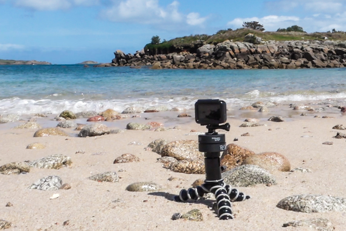 A GoPro camera mounted on a Flow-Mo panning head fitted to a ball head on a GorrillaPod. 