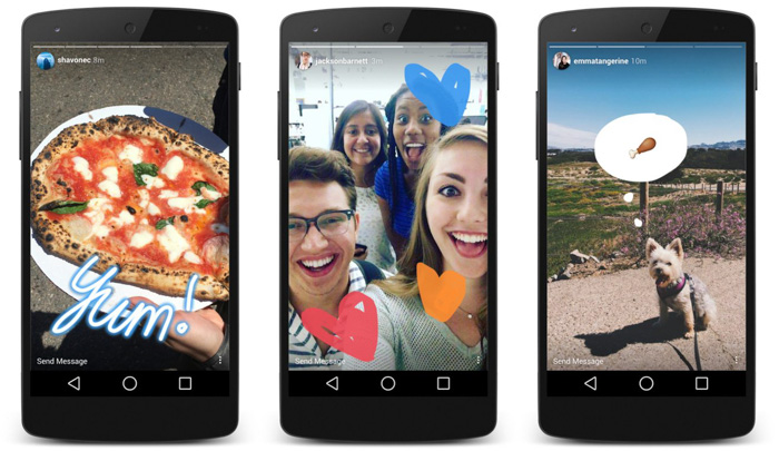 Three smartphone camera screens showing different Instagram stories