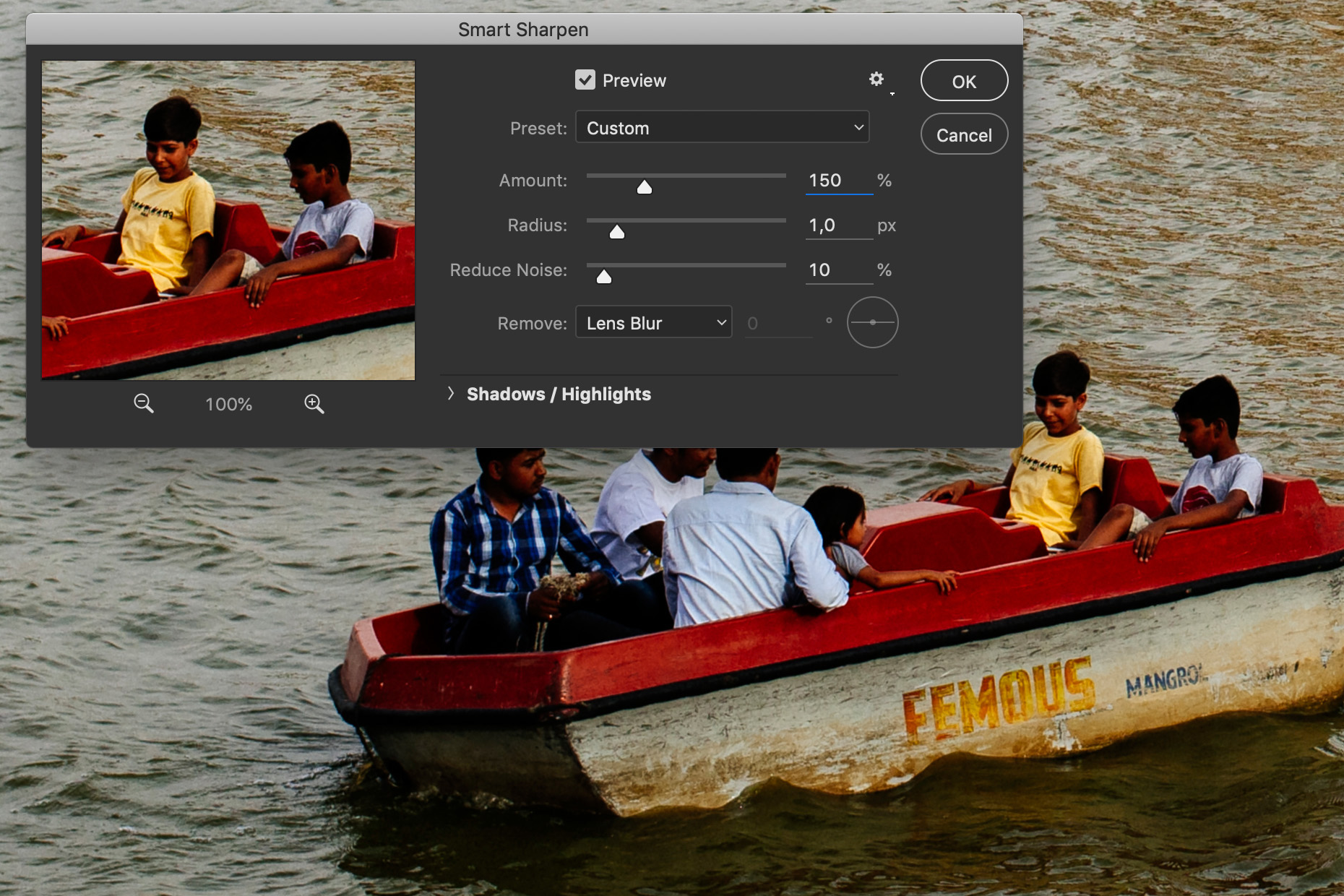 a screenshot showing how to smart sharpen in Photoshop