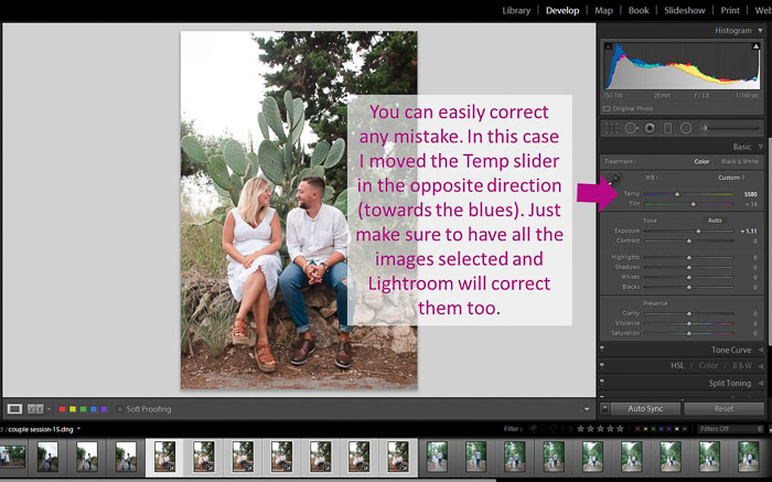 A screenshot showing how to correct autosync mistakes to batch edit in Lightroom 