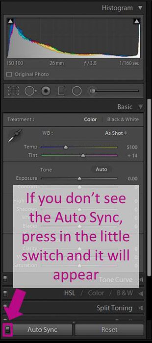 A screenshot showing how to batch edit in lightroom - auto sync 