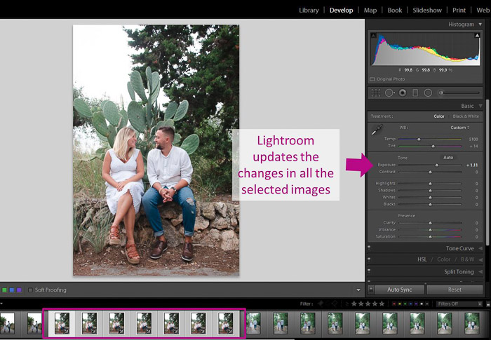 A screenshot showing how to use autosync to batch edit in Lightroom 