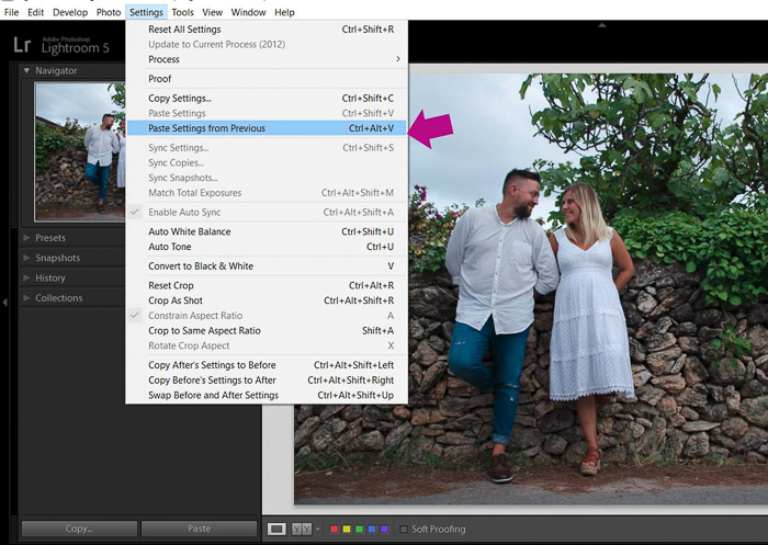 A screenshot showing how to batch edit in lightroom - paste settings from previous image
