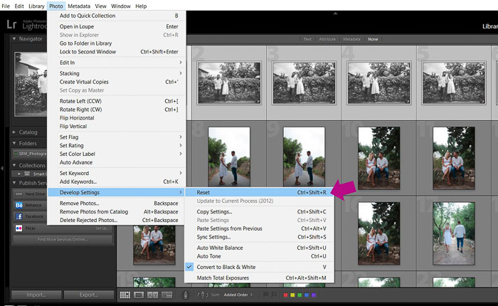 A screenshot showing how to batch edit in lightroom - reset 
