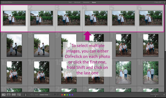 A screenshot showing how to select multiple images to batch edit in lightroom 