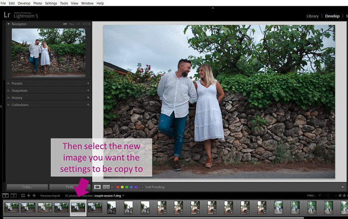 A screenshot showing how to select a new image to batch edit in lightroom