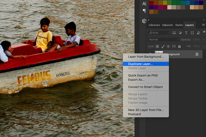 A screenshot showing how to sharpen an image in Photoshop using a photo of a small boat in a lake
