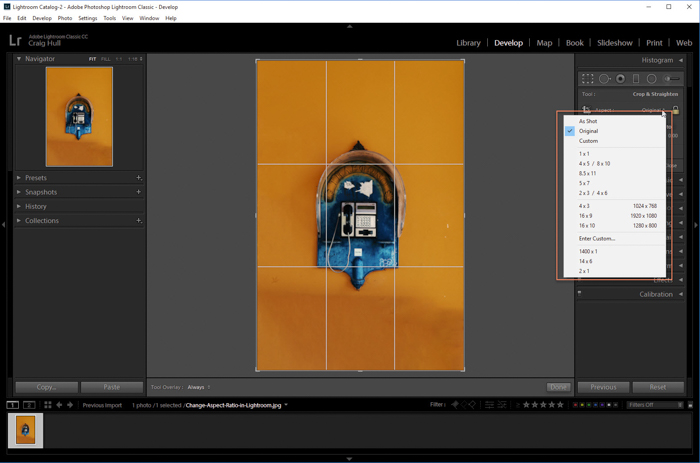a screenshot showing how to change aspect ratio in Lightroom