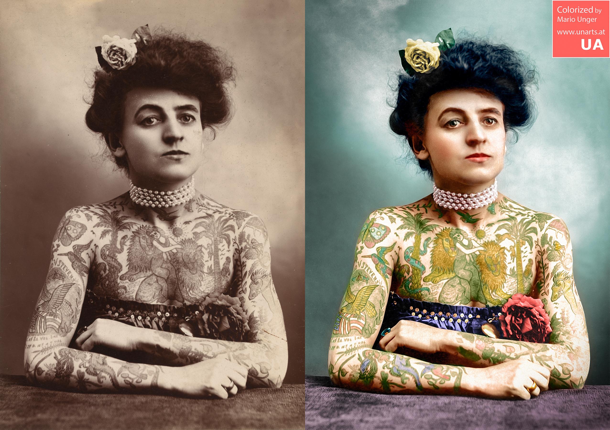 Colorize. Мод Вагнер. Старинные портреты татуированных женщин. Раскрашивание старых фотографий. Татуированные женщины 19 века.