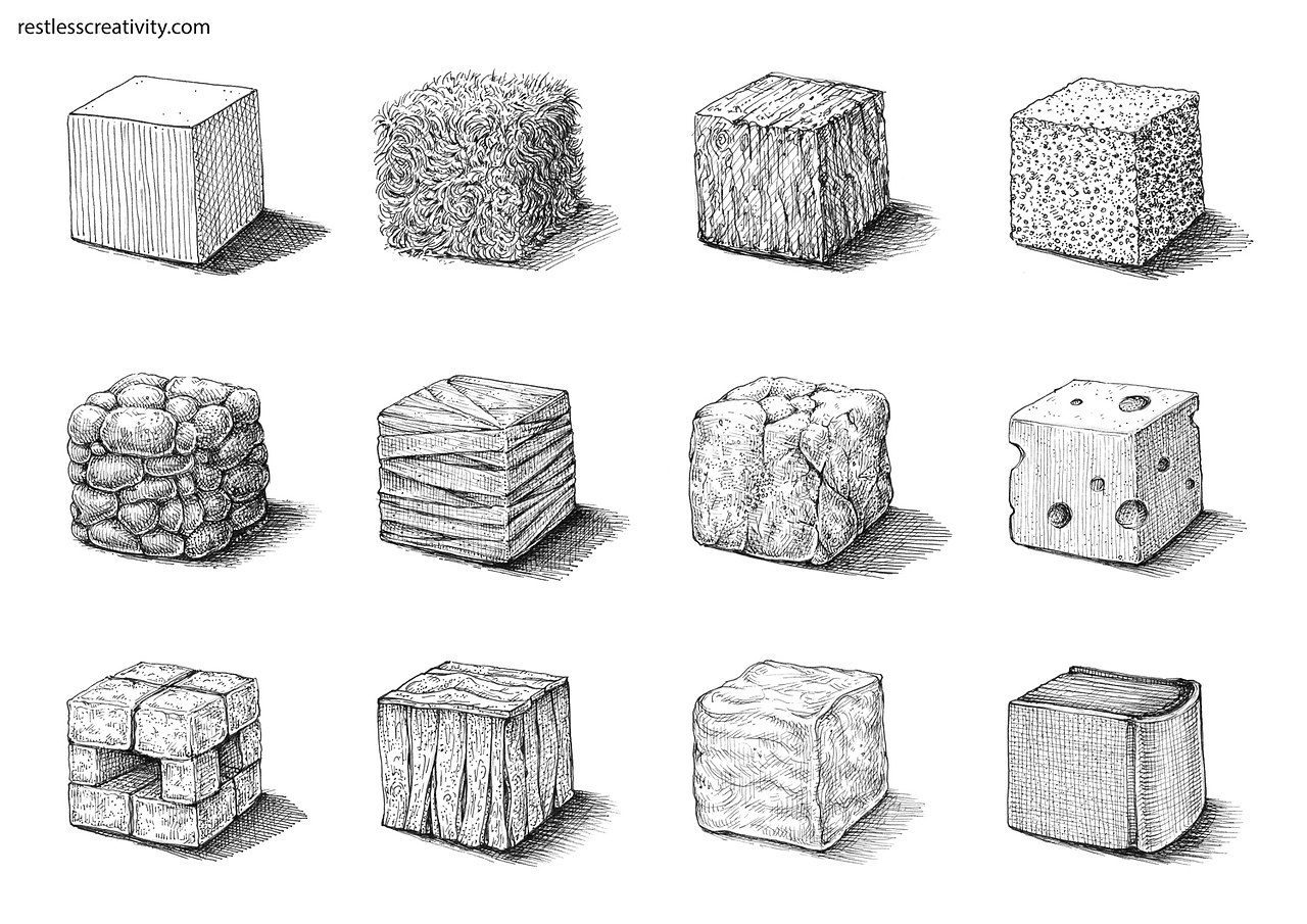 Drawing materials. Фактура предметов. Фактура деревянного предмета в рисунке. Кубы в графике. Кубики в графике.