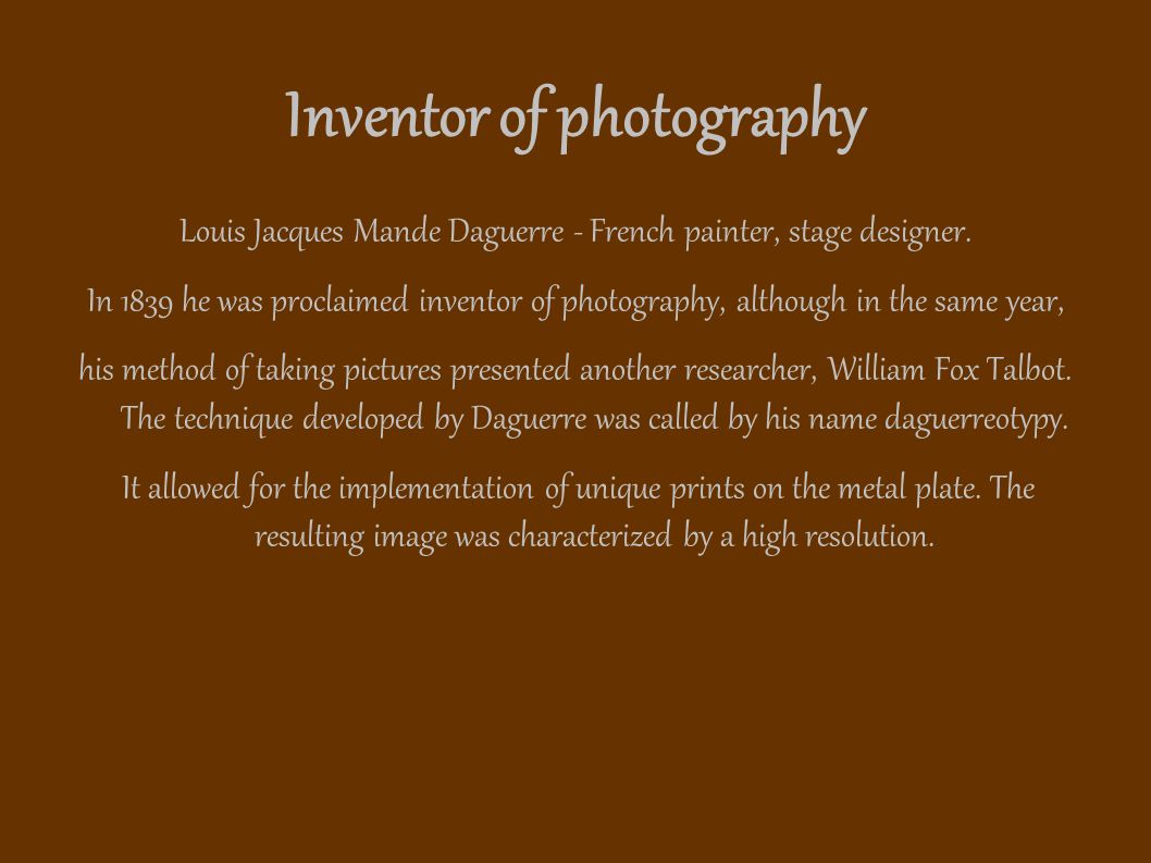 Inventor of photography Louis Jacques Mande Daguerre - French painter, stage designer.