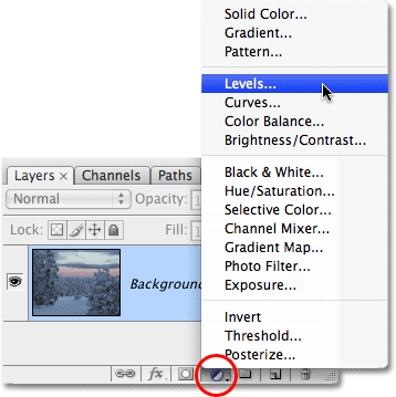 Selecting a Levels adjustment layer in Photoshop. Image © 2009 Photoshop Essentials.com.