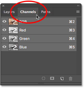 Opening the Channels panel in the panel group in Photoshop.
