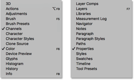 The Window menu showing the complete list of Photoshop panels.