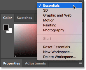 Switching between workspaces in Photoshop.
