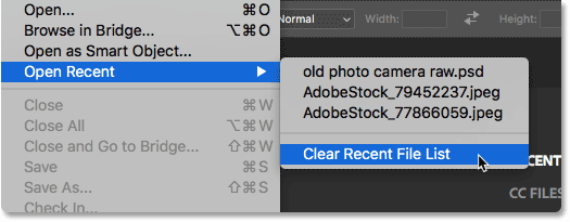 Selecting the Clear Recent File List in Photoshop. Image © 2016 Steve Patterson, Photoshop Essentials.com