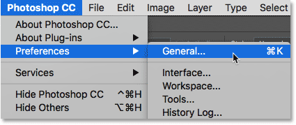 Selecting the General Preferences in Photoshop CC 2017. Image © 2016 Steve Patterson, Photoshop Essentials.com