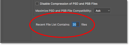 The Recent File List Contains option in the File Handling preferences. Image © 2016 Steve Patterson, Photoshop Essentials.com