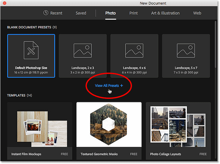 Clicking View All Presets in the New Document dialog box. Image © 2016 Steve Patterson, Photoshop Essentials.com