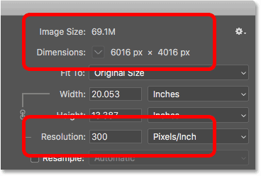The current image size and resolution in Photoshop