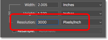 Increasing the image resolution to 3000 pixels/inch in the Image Size dialog box in Photoshop