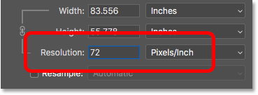 Lowering the image resolution to the common 72ppi web resolution in the Image Size dialog box in Photoshop