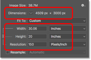 Lowering the image resolution increases the print size in the Image Size dialog box in Photoshop