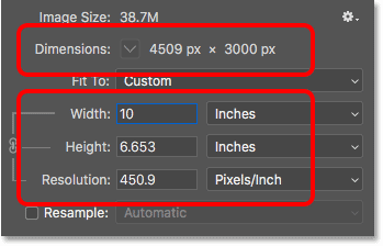 Changing the width and height of the image changes the print resolution