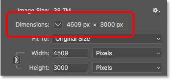 The Dimensions section in the Image Size dialog box in Photoshop CC
