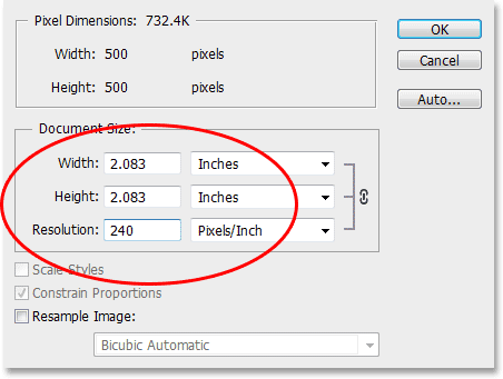 Changing the resolution of the image to 240 pixels per inch. Image © 2013 Photoshop Essentials.com